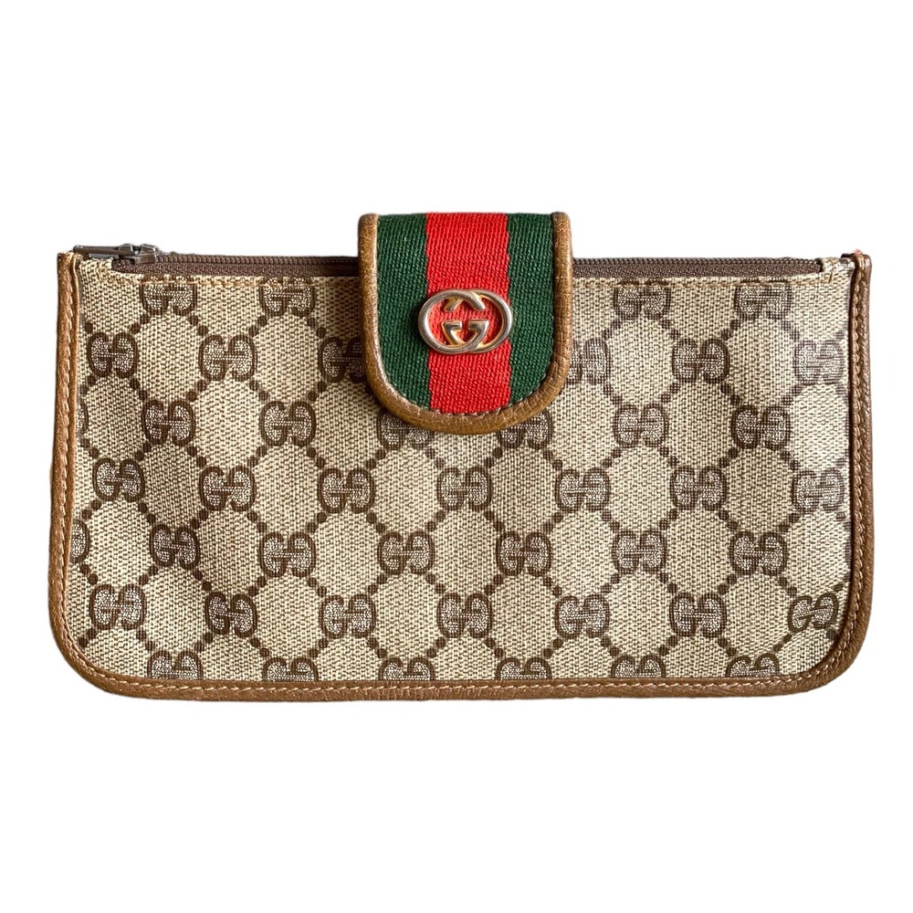 Gucci Beige Brown Monogram Clutch with Green & Red Stripe